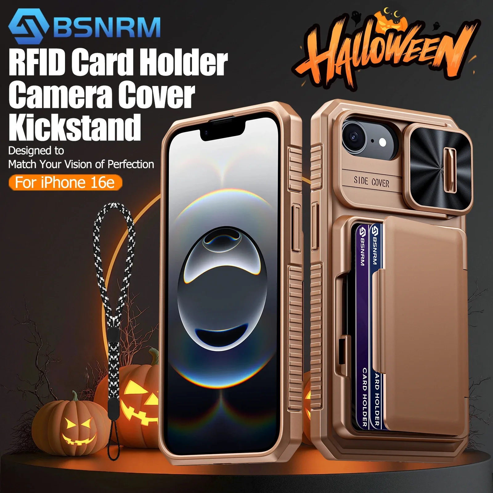 هدايا الهالوين، حامل بطاقات محفظة RFID، غطاء كاميرا، جراب هاتف واقٍ متين مقاوم للصدمات لهاتف iPhone 16 E-Gold