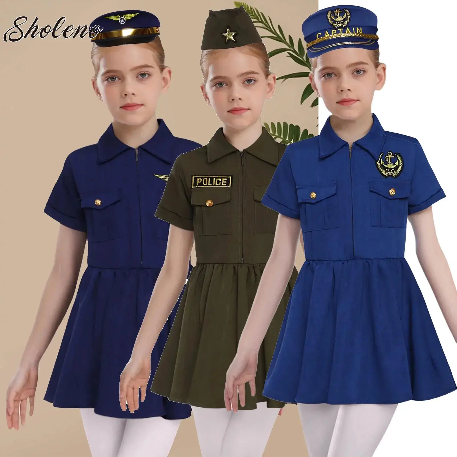 

Girl Police Role Play Dress Fancy Dress Up Clothes Police Officer Uniform Playsuits Halloween Performance Captain Pilot Costumes