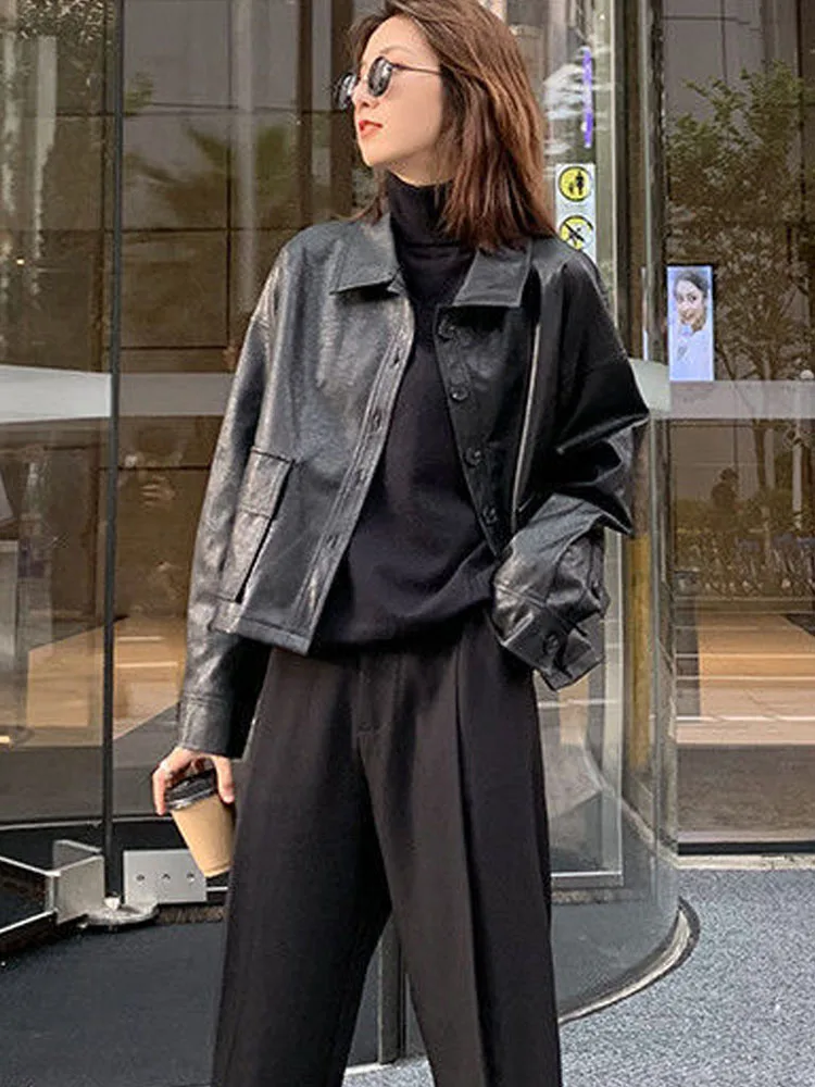 Summer Black Leather Jacket Women Korean Fashion Loose Thin Moto Jacket Female Streetwear Lady Outerwear Biker Coat 2022 Autumn