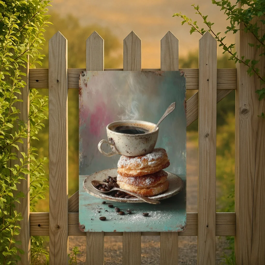 2D Flat, [2D Flat]2D Flat, Vintage Coffee& Pastry Metal Sign- 8X12 Inch Rustic Wall Art with Steaming Cup, Powdered Pastries& Co