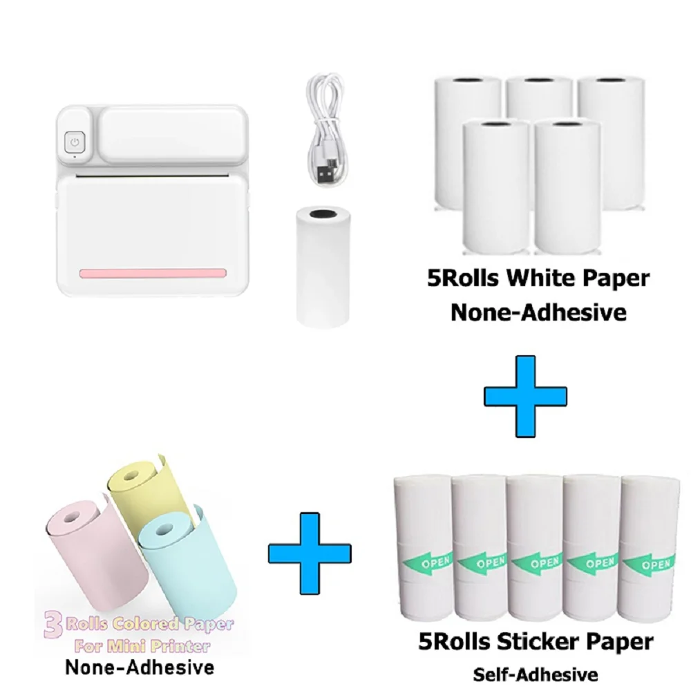 Mini Pocket Printer Mini Sticker Printer Portable for Printer with 13 Roll Papers for Notes, Photos, Stickers, Labels, Receipts