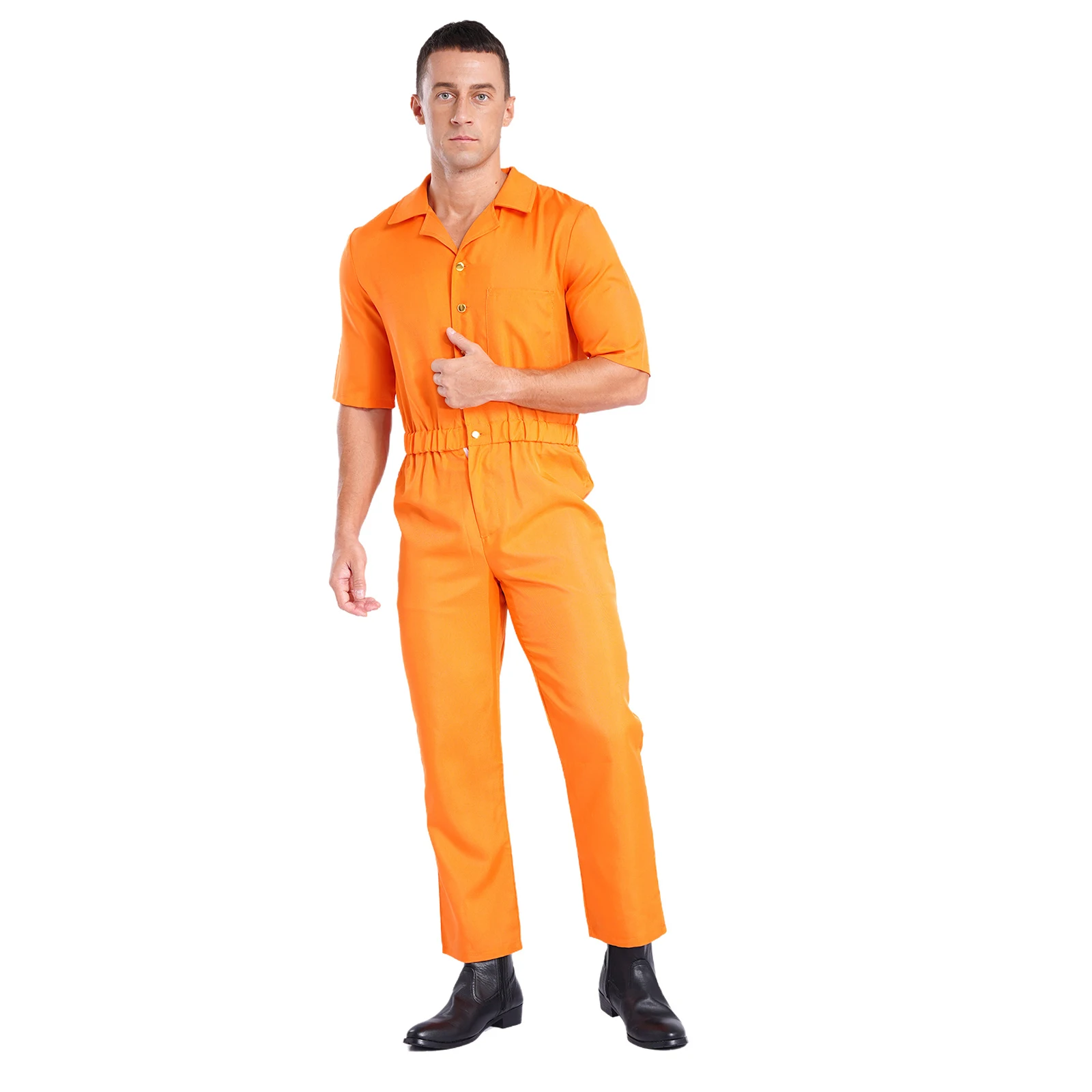 Mens Prisoner Jumpsuit Front Button Back Print Elastic Waist One Piece Overalls Convict Detainee Outfit for Halloween