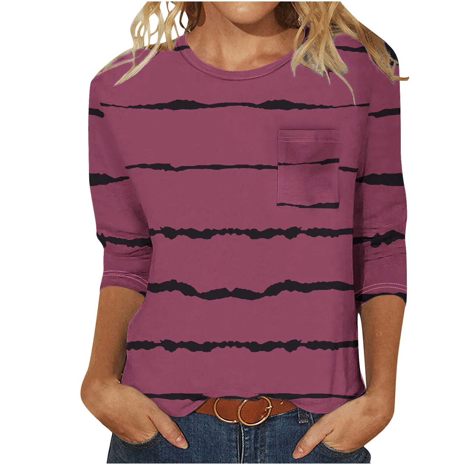 

Striped print women's casual new seven quarter sleeve trend, simple and fashionable design sense, 2024 temperament WA21