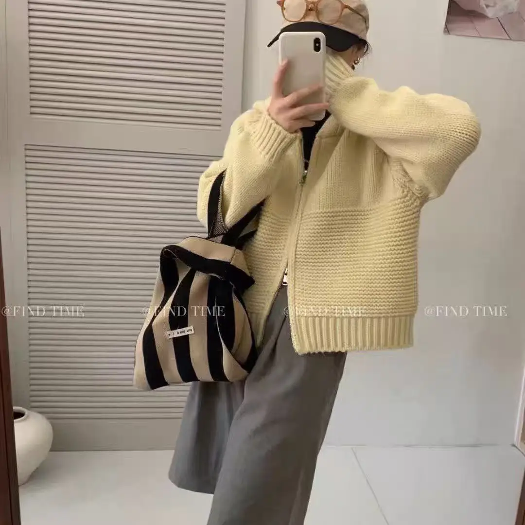 

Korean Autumn Winter New Hooded Double Zipper Design Sense Solid Color Loose Lazy Style Thick Knitted Cardigan Top