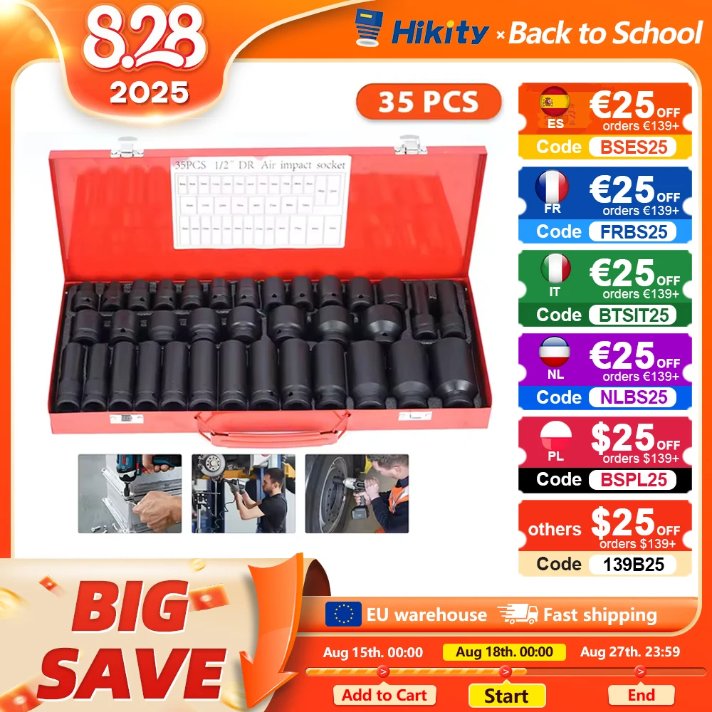 Hikity 35PCS 1/2 Drive Deep Impact Socket Set 6 Point Socket mandrino Axle Nut Garage Workshop Car Auto Truck Repair utensili manuali