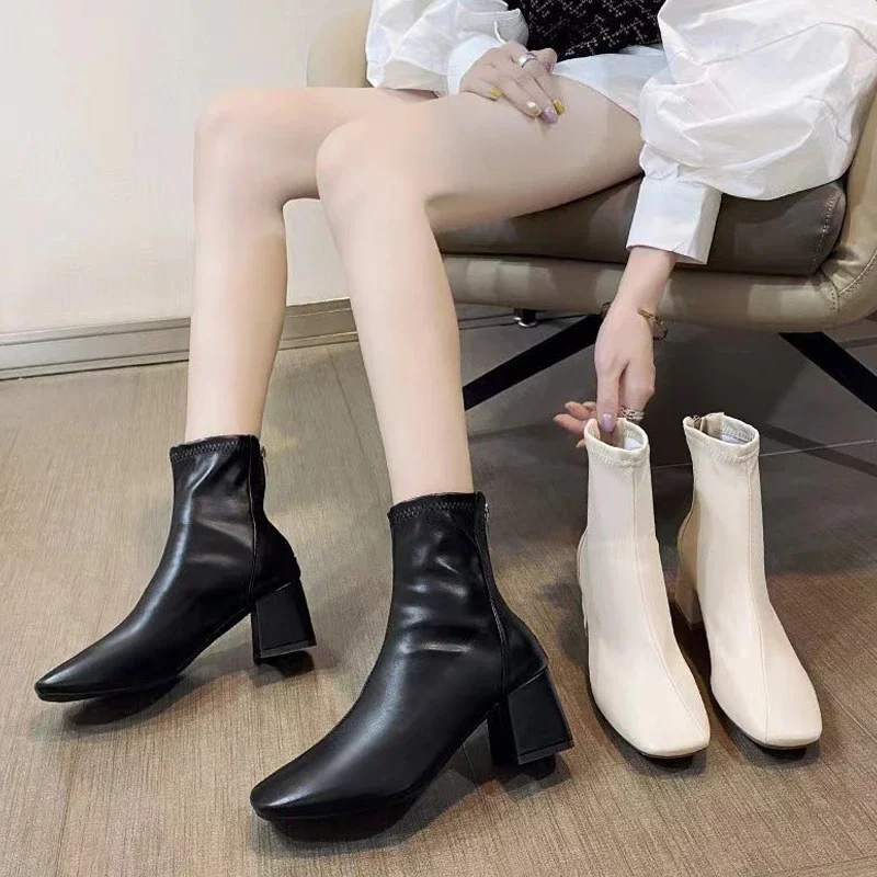 Womens Boots Square Toe Heel Booties Leather Zipper Fall Dress Short Boots Shoes Square Toe Side Zip Block Heel Ankle Boots