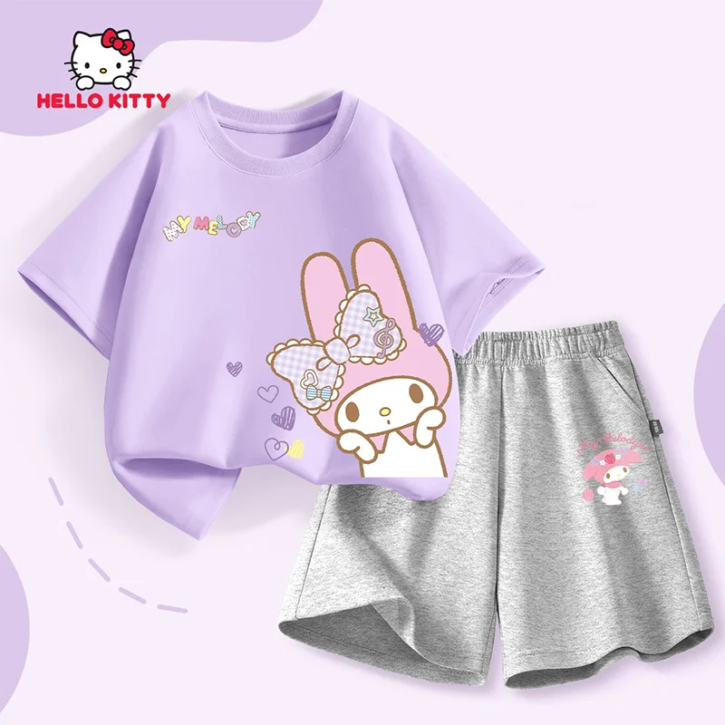 

Sanrio My Melody Girl Summer Suit Pure Cotton T-Shirt Tops Shorts Cartoon Leisure Fashion Kawaii Children's Clothing New Style