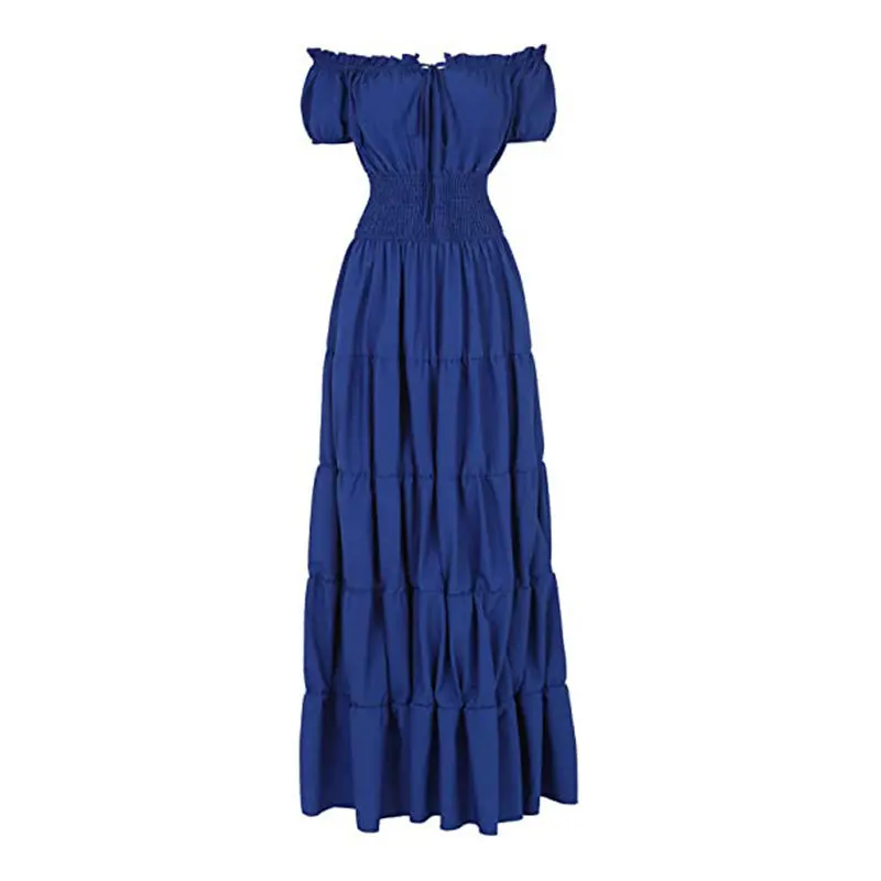 Elegant Medieval Renaissance Dress Boho Short Sleeves Off Shoulder Smocked Waist Retro Pleated Long Dress Costume Gown