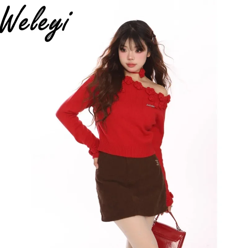 Sexy Slanted Shoulder Red Sweater Ladies 2024 Autumn and Winter New Women's Rose Off-the-shoulder Long Sleeve Short Knitted Tops