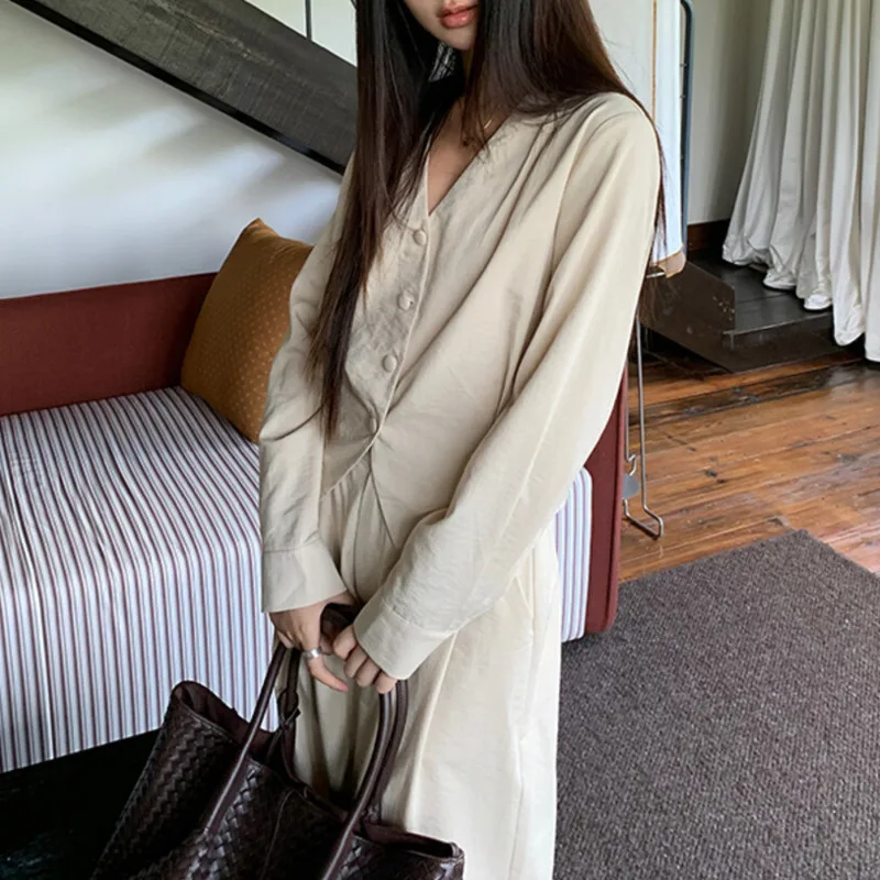 KWTX 여성용 투피스 세트 2025 봄 여름 캐주얼 레트로 V넥 긴팔 셔츠 하이웨이스트 와이드 레그 팬츠 우아하고 편안함