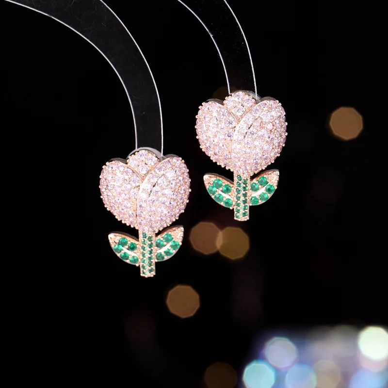 

s925 silver needle earrings, elegant and feminine, full of zirconium inlaid with flowers, leaves, roses, tulips and ear studs