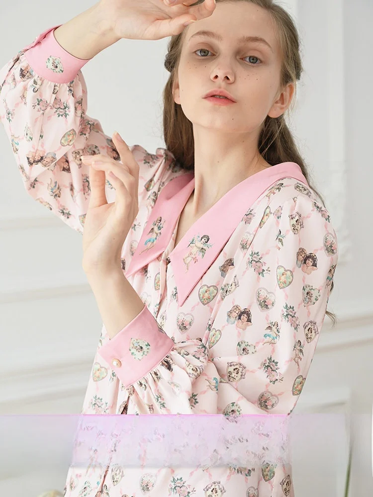 

Jin Jing RooMance Women's Angel Print Ice Silk Sleepwear Set Summer Outdoor Wearable Home Clothes Short Sleeve V-Neck Gown