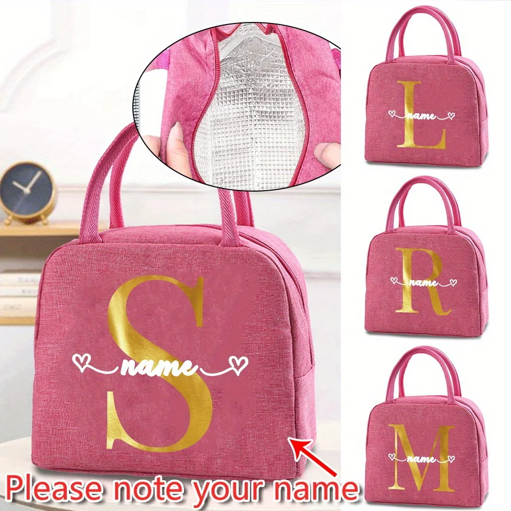

Customized Insulated Pink Lunch Bag Bento Bag Aluminum Foil Gold Letter Pattern Insulated Lunch Box Picnic Food Bag