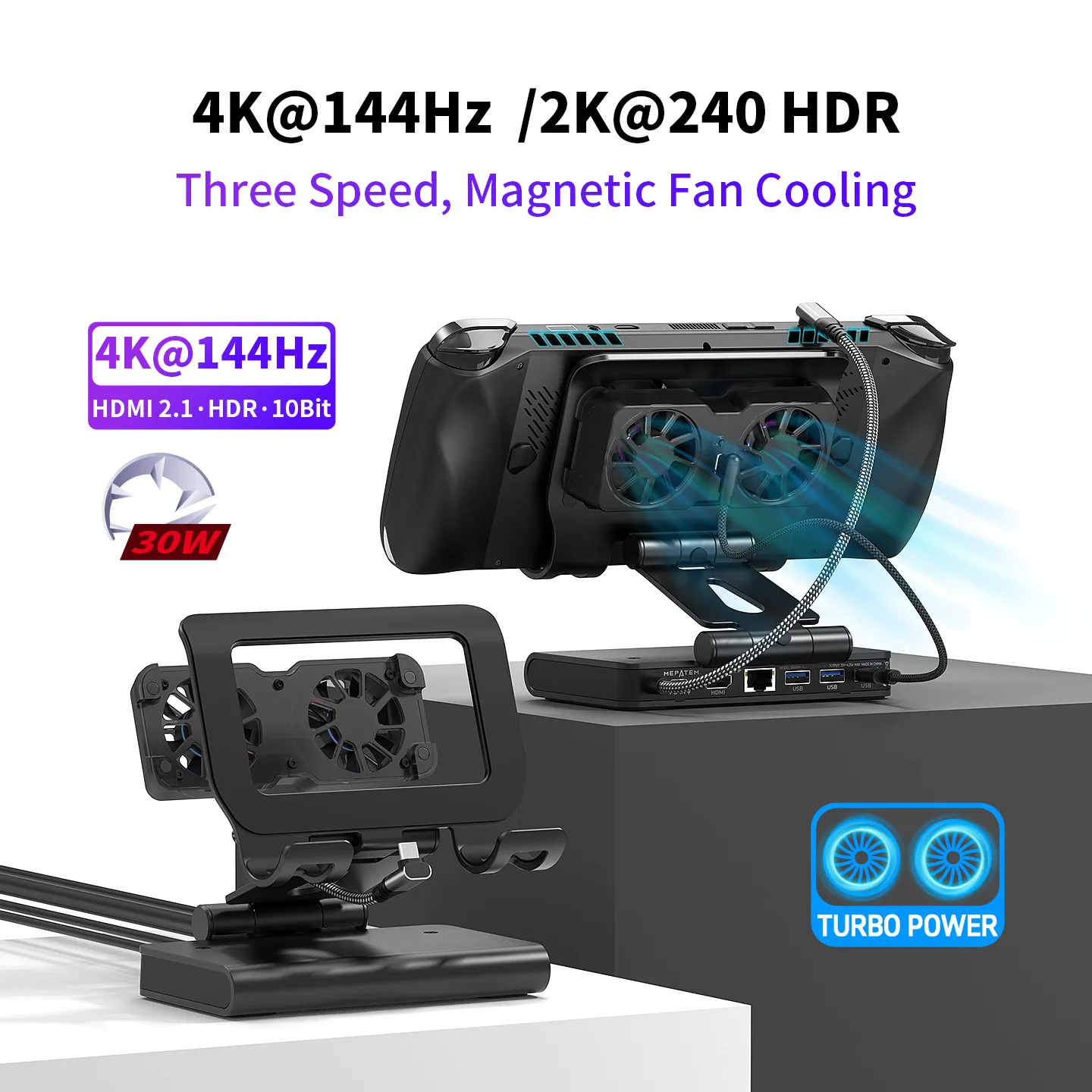 RGB Dual Fans 6-in-1 Docking Station for ROG ALLY SteamDeck Game Console Adjustable Height Bracket with HDMI 4K@60Hz Support