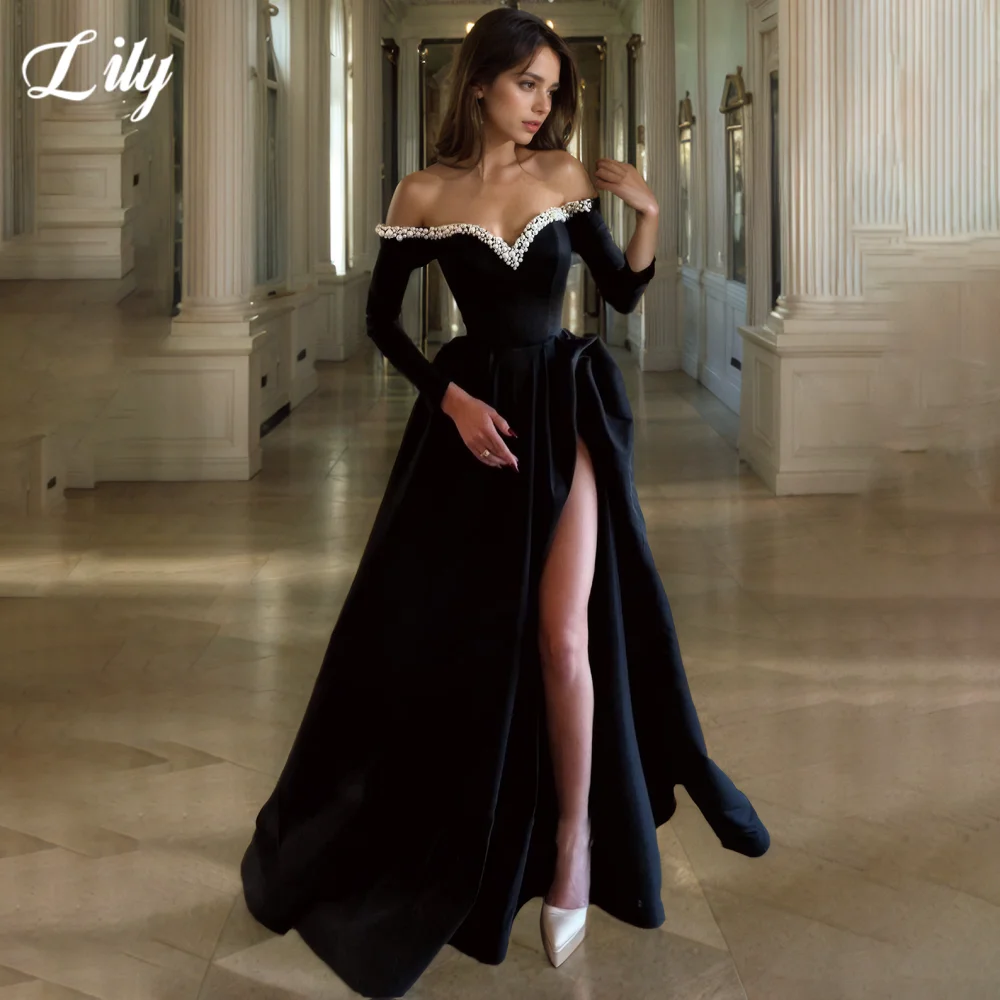 Lily Black Elegant Evening Gown V-Neck Three-Quarter Sleeves Prom Dress with Pearl Satin Side High Split Formal Gown Customized