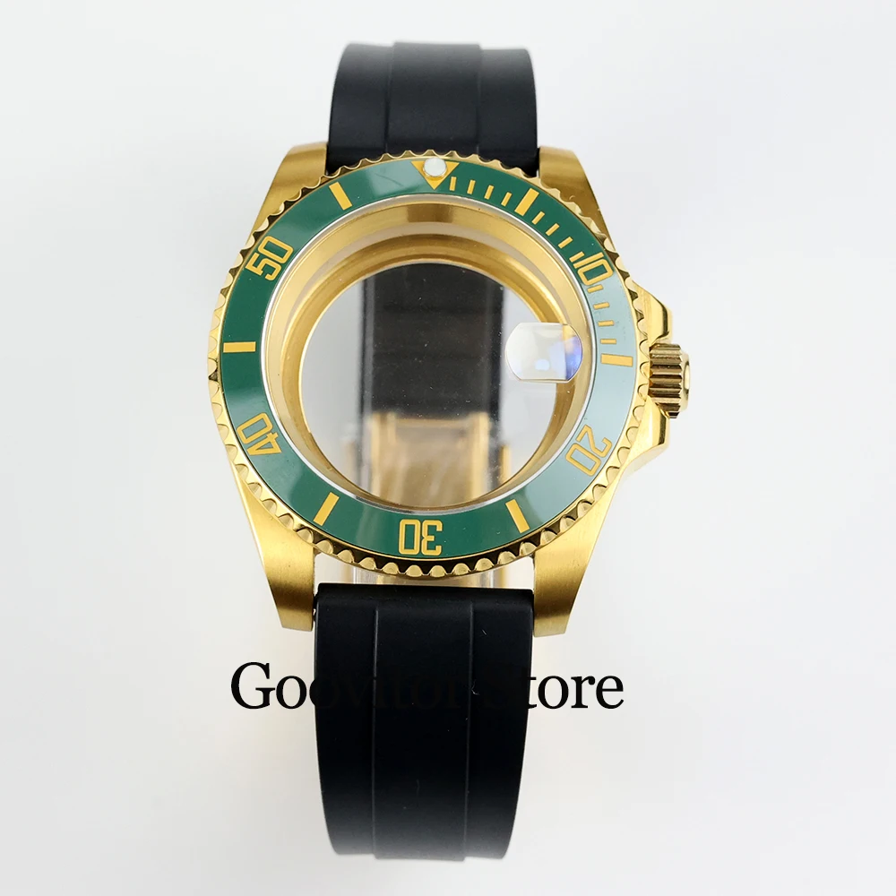 40mm gold watch case rubber strap with date Sapphire Glass fit NH34 NH35 NH36 movement waterproof 28.5mm dial SUB YACHT-MASTER