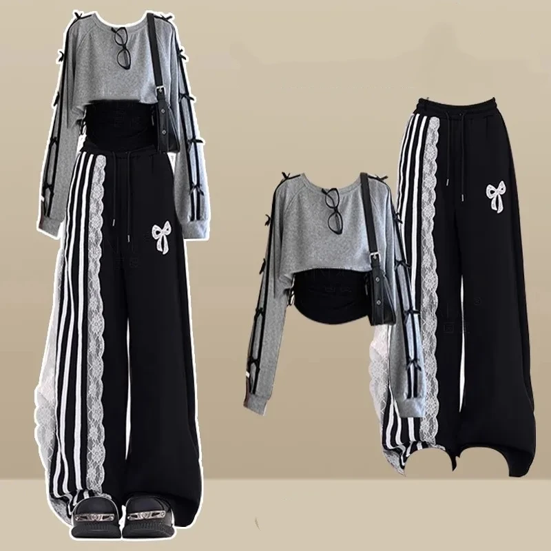 Women's Spring Autumn Casual Gray Sweatshirts Sling Wide Leg Pants 1 or Three Piece Set Lady Preppy Style Tops Trousers Outfits