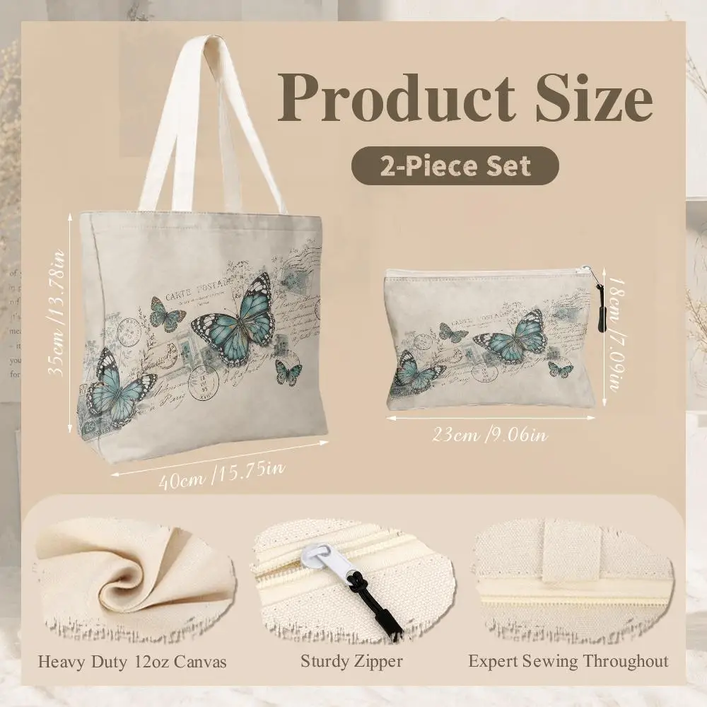 Butterfly Ephemer Storage Bags 2-Piece Zipper Reusable Tote Bag Set Foldable Washable Heavy-Duty Capacity Work Travel &Gift