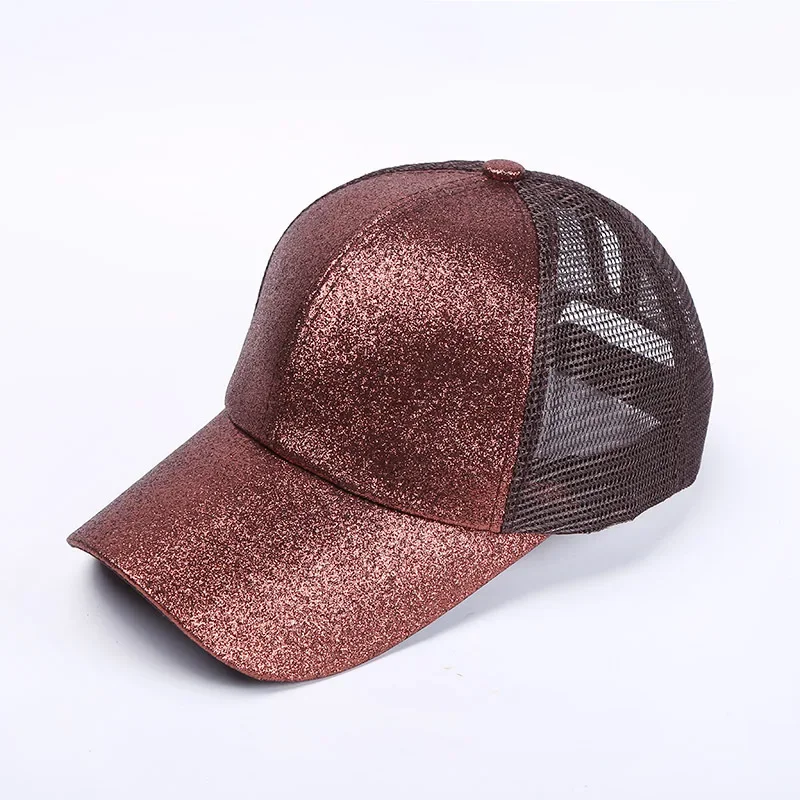 Ponytail Baseball Cap for Women Shiny Glitter Sequins Woman Summer Cap Mesh Sunhat Pure Color High Messy Bun Hat