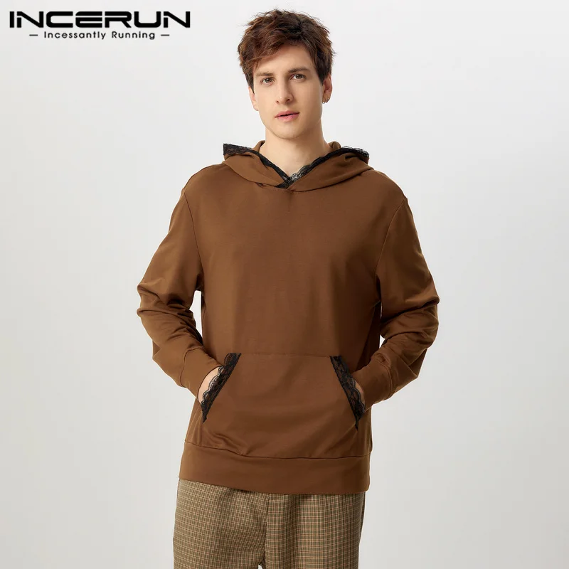 INCERUN Pullover lengan panjang pria, atasan Sweatshirt Hoodie tambal sulam renda gaya Amerika 2024, Hoodie lengan panjang Solid untuk pria