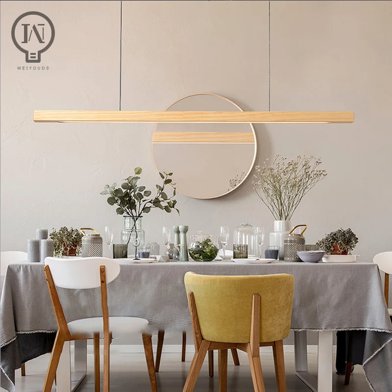 Nordic Wood Pendant Lights LED Modern Pendant Lamps for Dining Living Room Kitchen Office Shop Bar Cafe Long Strip Hanging Lamp