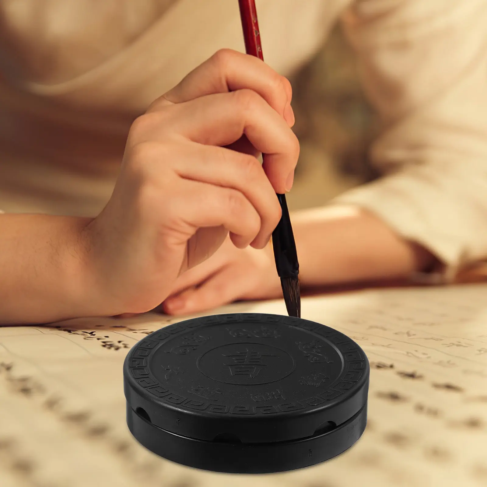 Calligraphy Plastic Round Inkslab Tai Pattern with Lid Excellent Ink Grinding Performance Exquisite Workmanship