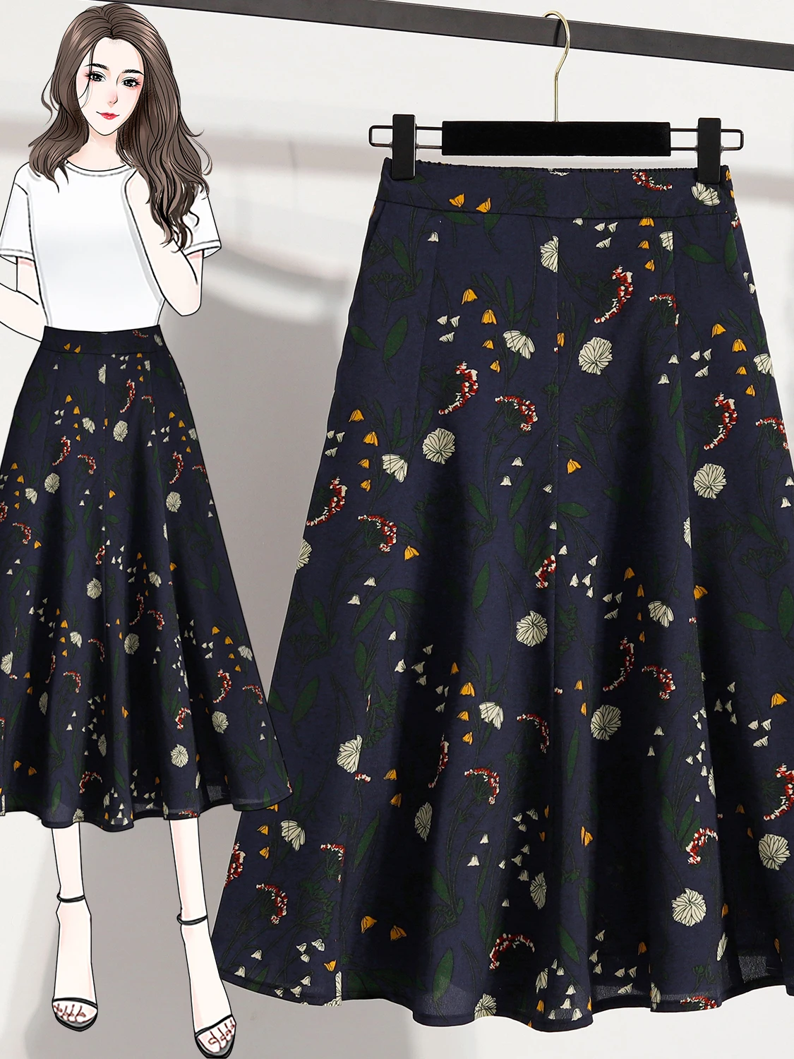 

plus Size Women's Slimming High Waist A-Line Skirt Floral Chiffon Summer Casual Mid-Length Skirts Vintage Sle f-length