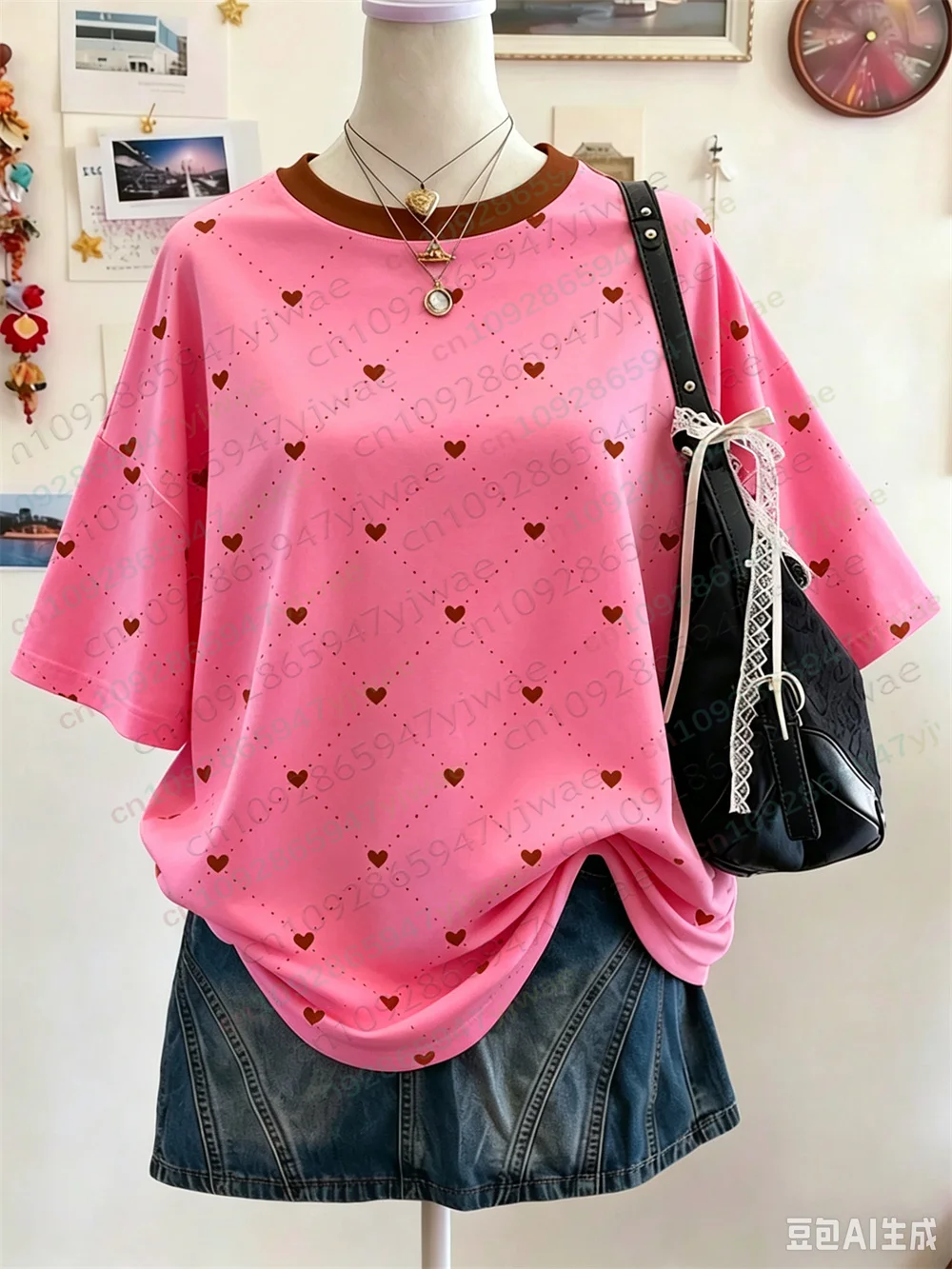 Herzförmiges Polka-Dot-Muster, O-Ausschnitt, Kurzarm-T-Shirt, vielseitiges Casual-Oberteil, Y2K Streetwear, Sommer-Damen-T-Shirt – Detail 8