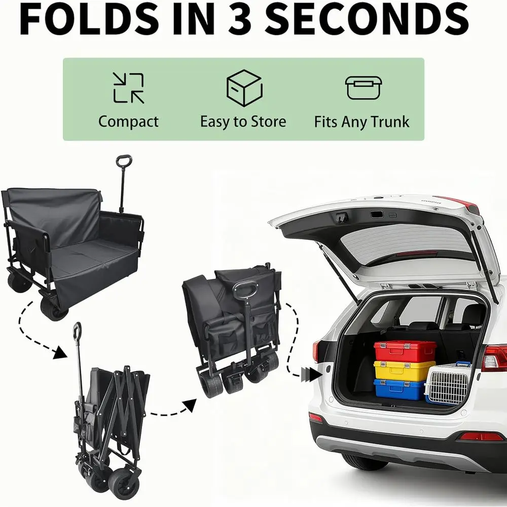 Folding Utility Wagon with 300L Capacity, 330LBS Load Bearing, Adjustable Handle for Outdoor Activities, Beach, Camping, and Sho