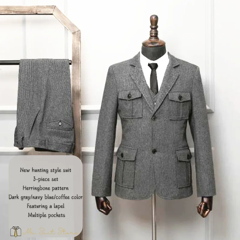 بدلة رجالية سفاري سترة البدلة 3 قطعة مجموعة واحدة الصدر متعرجة الأعمال عادية سليم صالح دعوى الزفاف بريطانيا نمط جديد