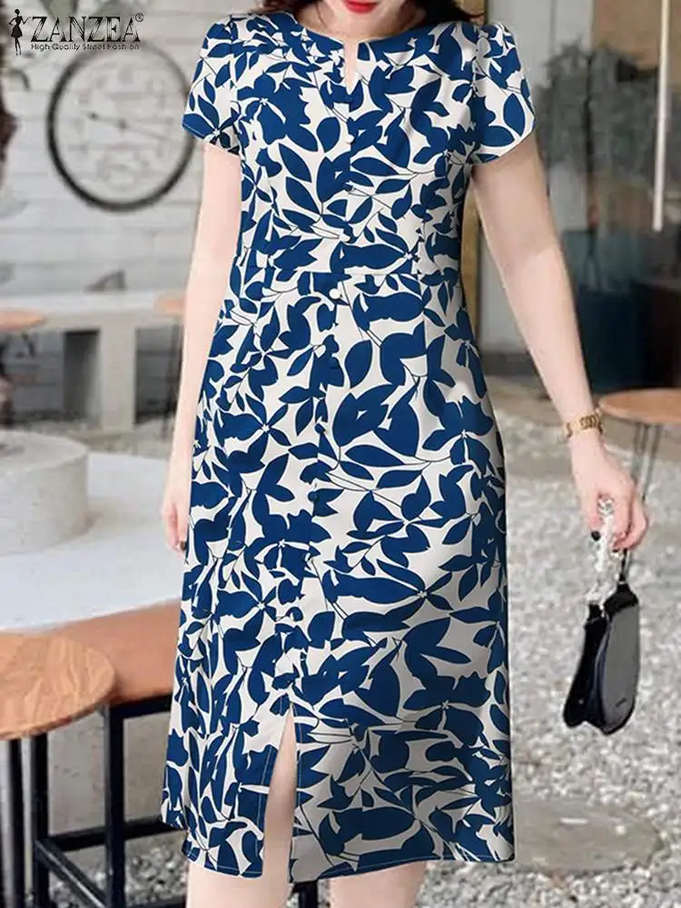 ZANZEA Women Floral Printed Midi Dress Vintage Short Sleeve Robe Fashion Summer V-neck Vestidos Casual Waisted Split Dresses