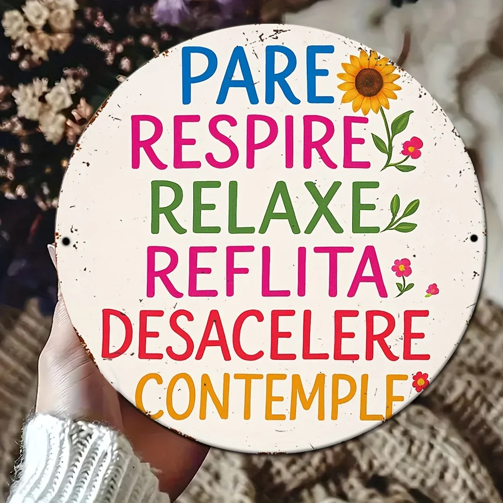 2D Flat, 1pc, Vintage Metal Sign (8.0inch X 8.0inch), Pare Respire Relaxe Portuguese Motivational Quote Sign, Floral Mindfulness