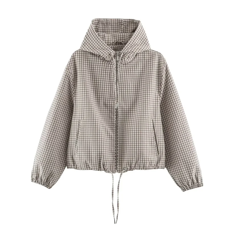Guobioziy 2026 Spring and Autumn Women's Plaid Hooded Cropped Jacket with Drawstring Hem Loose Fit Coat Casual Trendy Outfit