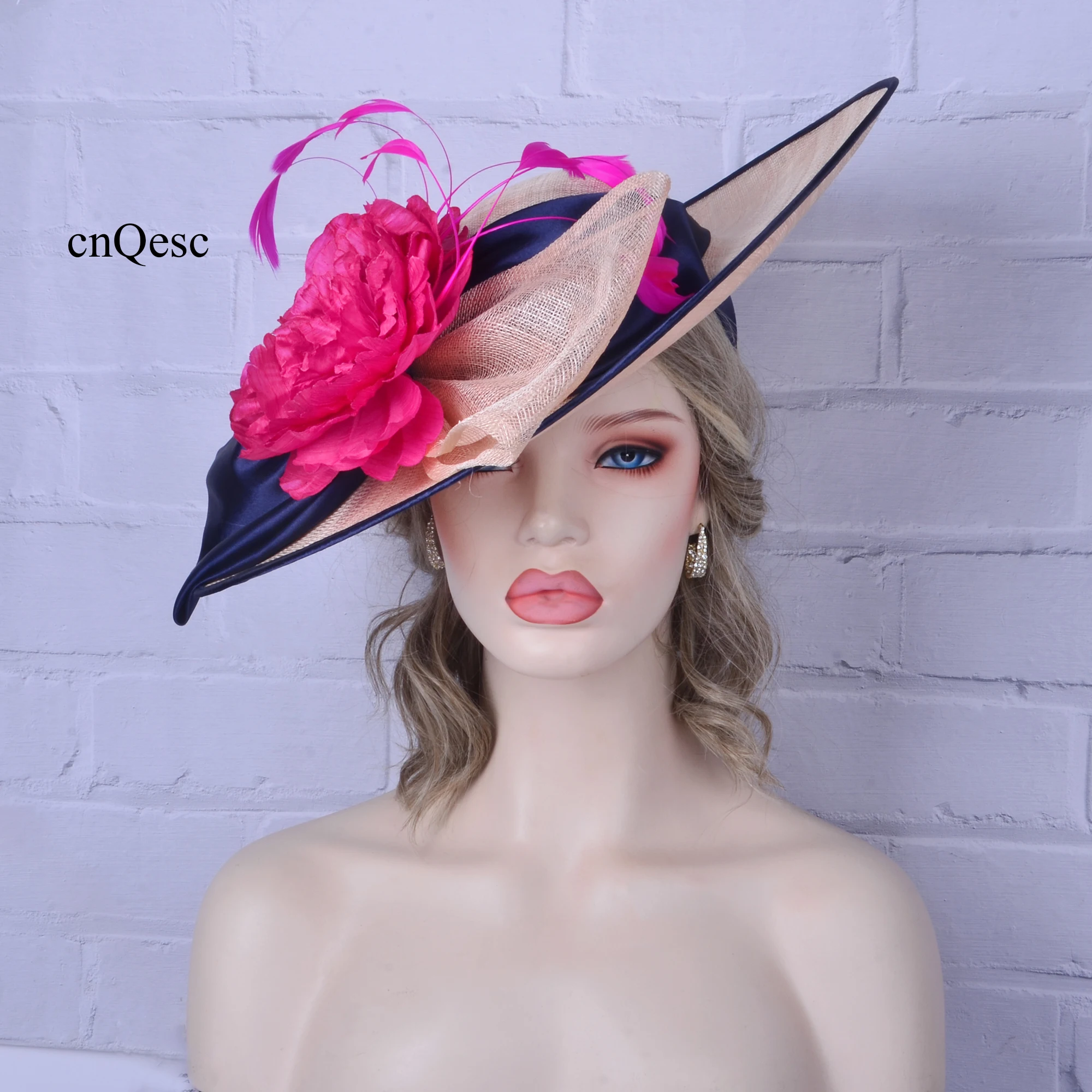 New Design.Hot Pink Beige Navy Blue Women X Large Saucer Hatinator Kentucky Derby Hat.