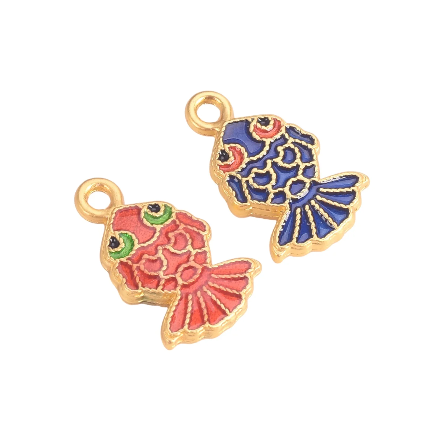 10 Uds. De dos caras, Color azul/rojo, forma de pez esmaltado, 16x10mm, Color dorado, cobre, Metal, colgantes sueltos, cuentas para fabricación de joyas