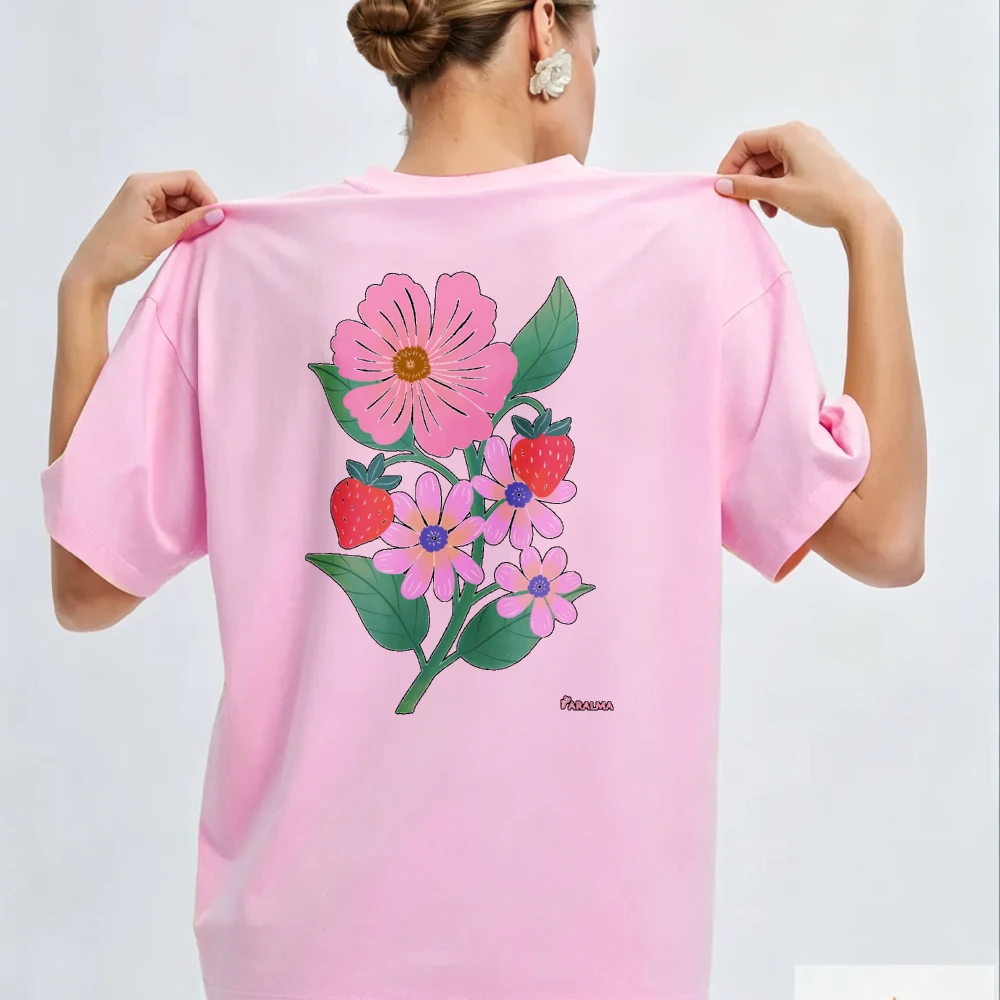 Floral Strawberry Illustration Pink Flowers Green Leaves Red Strawberries Botanical Design Crewneck Relaxed High Quality Cotton