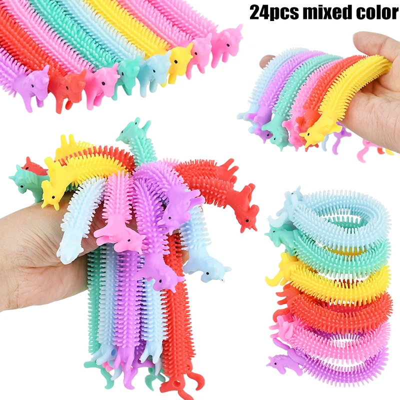 6-24pcs Funny Unicorn Pull Worm Stretch String TPR Rope Kids Birthday Party Favors Gift Children Stress Relief Fidget Toys