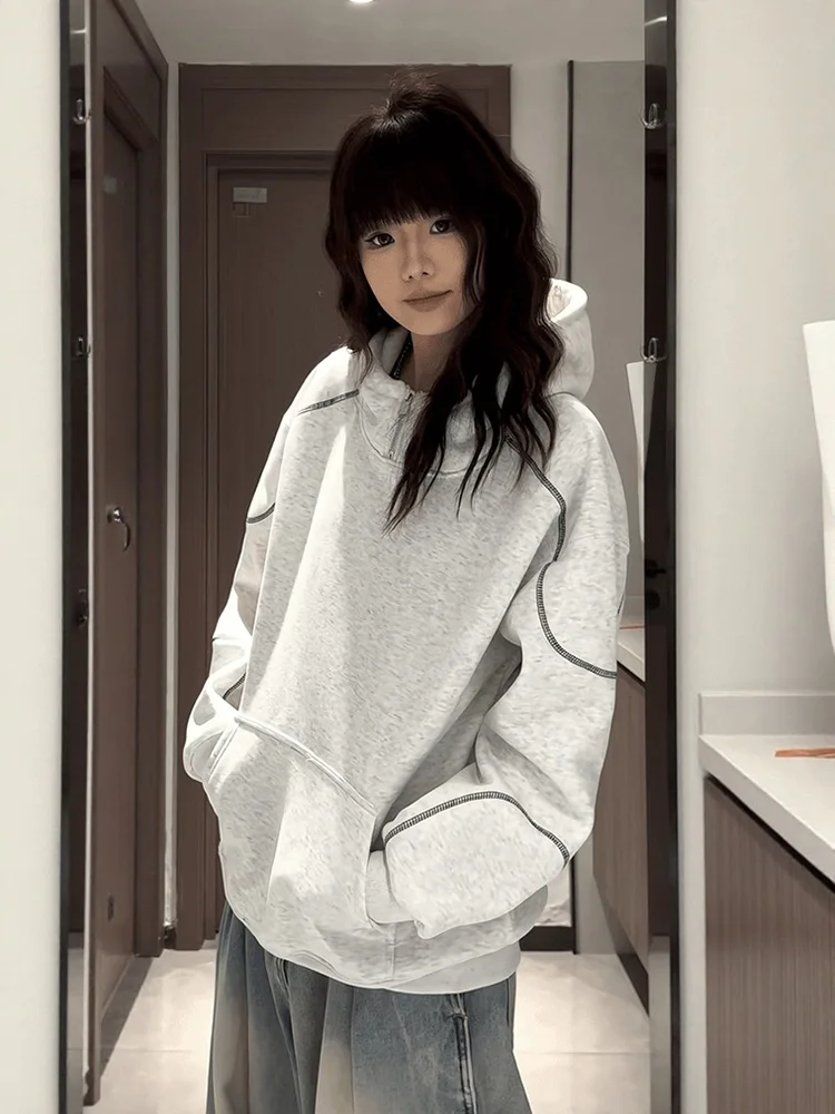 

American Sle Hoodie Sweatirt f Zip Hsu Line Spring Autumn Loose Fit ex Thi Lazy Sle Clean Fit Coat