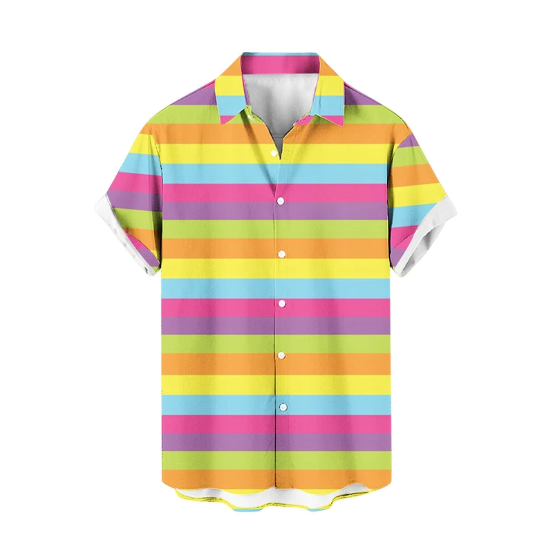 Camisa havaiana masculina listra colorida em 3D, férias de verão, plantas, botão de praia, manga curta, tops de rua