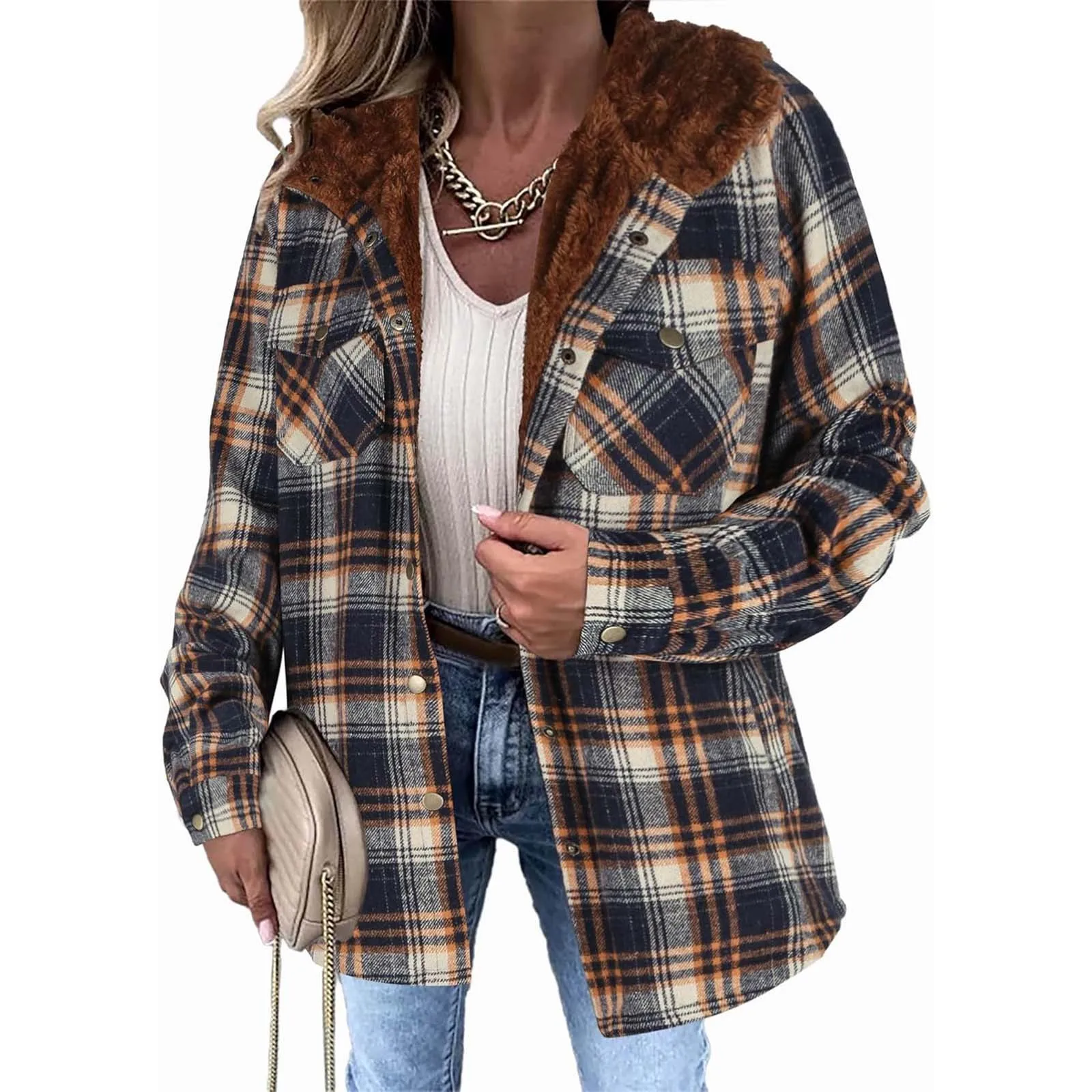 Women's Plaid Short Jacket Long Sleeve Button Up Fleece Lined Womens Casual Anorak Jacket with Hoodie Winter Jacket Women Casual