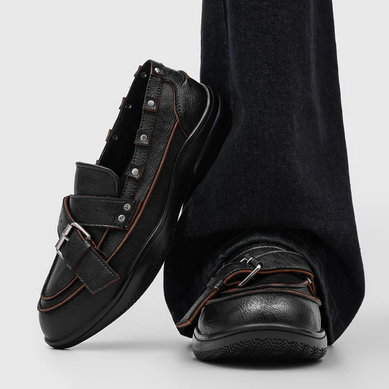 Black Belt Buckle Men Loafers Retro Contrasting Border Thick Sole Wear-resistant Daily Business Casual Single Shoe
