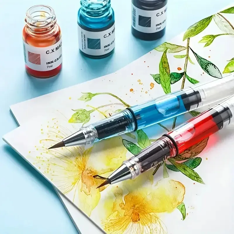 Self-priming watercolor pen, piston ink pen, can be filled with water (no liquid pigment) for painting, calligraphy and coloring