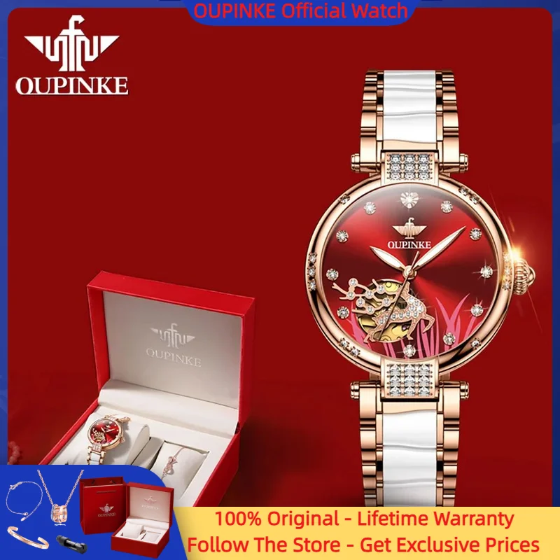 

OUPINKE 3211 Luxury Women Automatic Mechanical Watch Elegant Rose Gold Diamond Milu Deer Ceramic Watch Original Gift Women Watch