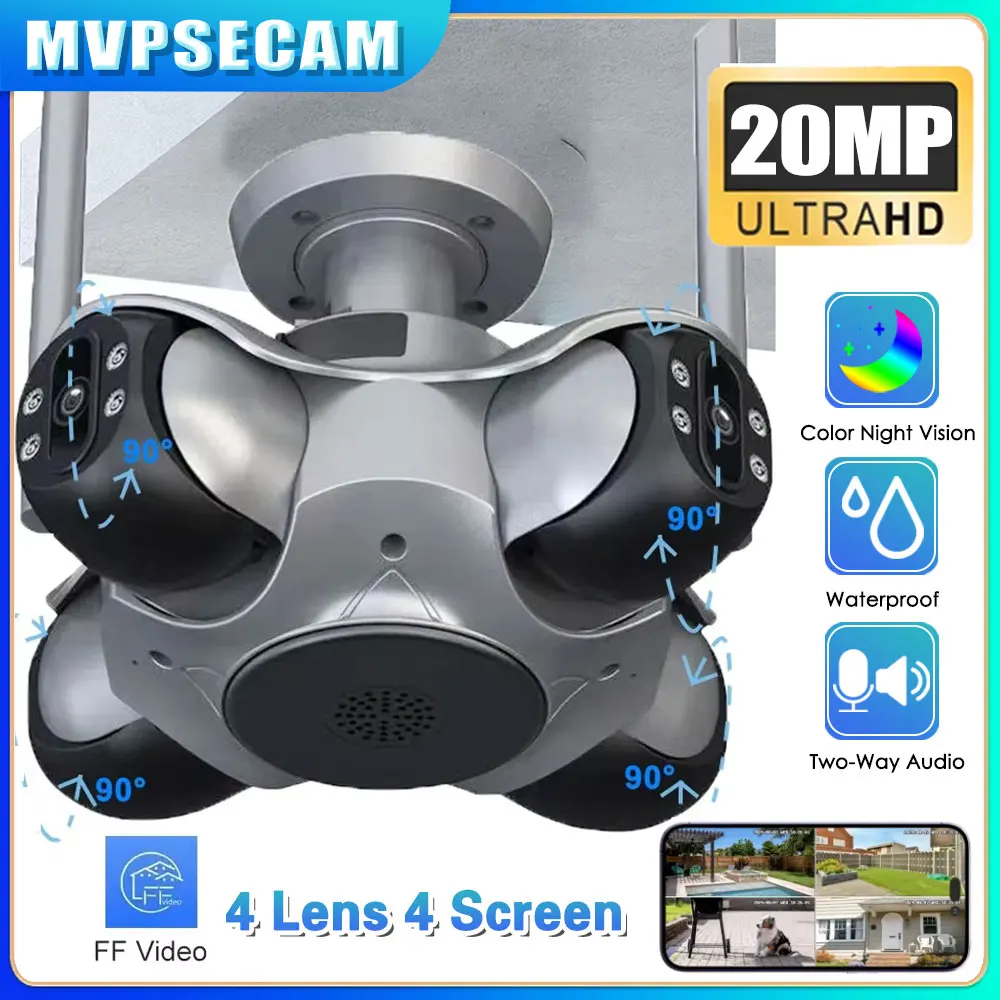 

4Lens 4Screen WiFi Camera 20MP Outdoor Waterproof Security Camera Human Detection Night Vision CCTV Two-Way Intercom IP Camera