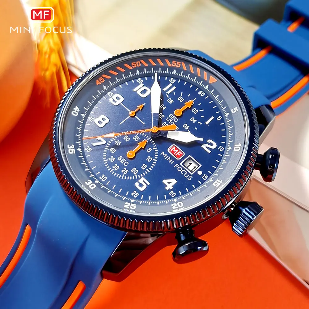 

MINI FOCUS 0379 Military Sport Quartz Blue Silicone Strap Chronograph Luminous Wristwatch with Date Waterproof Watches for Men