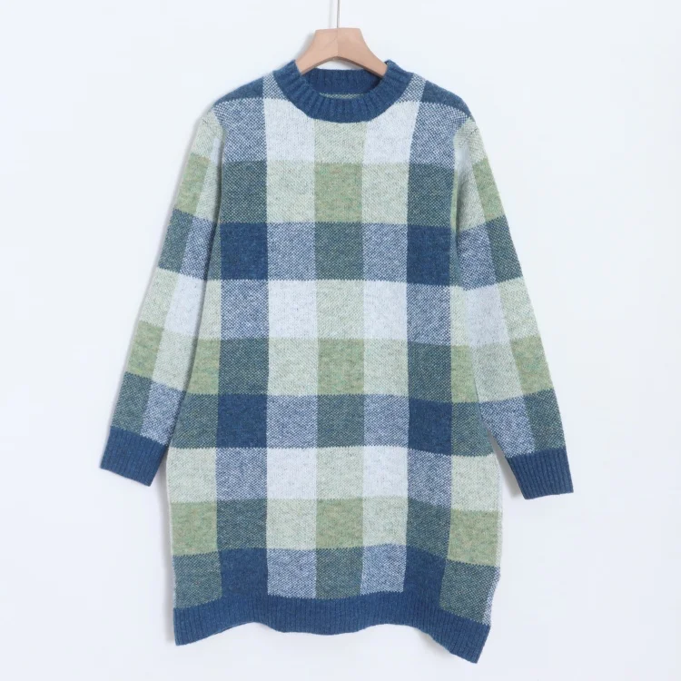 

Warm Plaid round Ne Long Sve Women's Sweater Autumn Winter Casual Sle Mid-Length Knitwear Comfortable Loose Fit Sweater