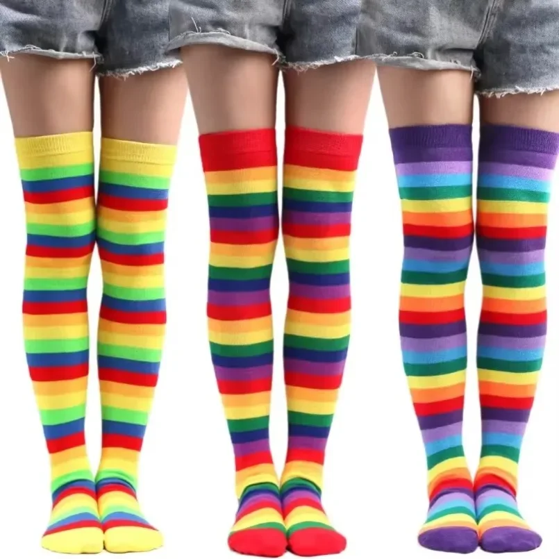 

Lgbt Stockings Womens Ladies Girls Long Thigh High Socks Rainbow Over Above Knee Striped Cotton Socks Female Cosplay Lolita