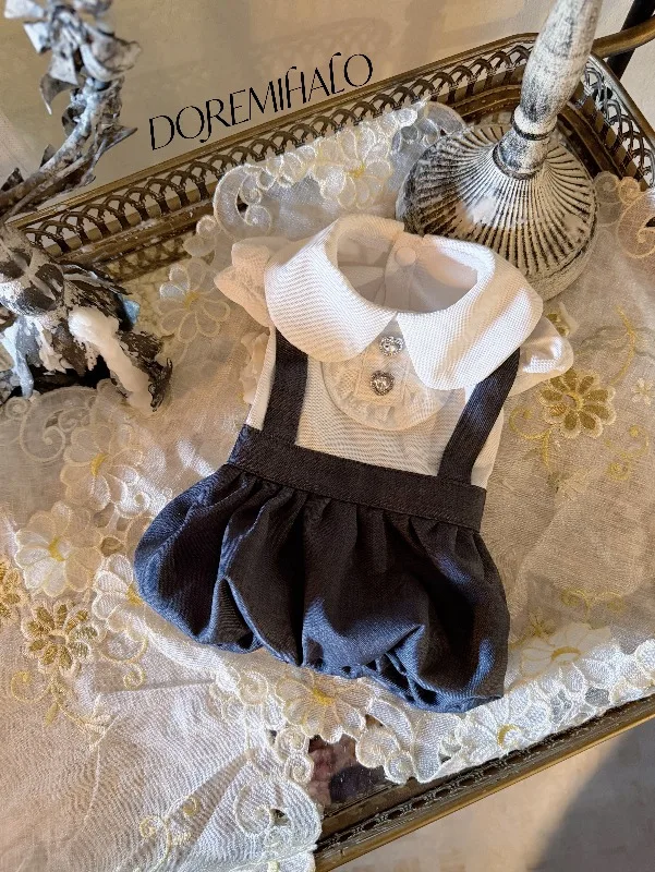 College Style Pet Suspender Skirt Set White Peter Pan Collar Blouse Denim Bud Bubble Skirt Elegant Lady Pet Spring Summer Outfit