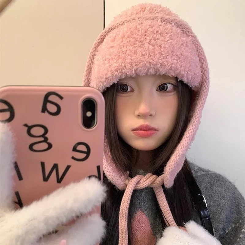 Japanese Ear Protection Knit Hat Winter Warm Cold Proof Flying Cap Solid Color Woolen Crochet Bonnet Korean Women Beanie