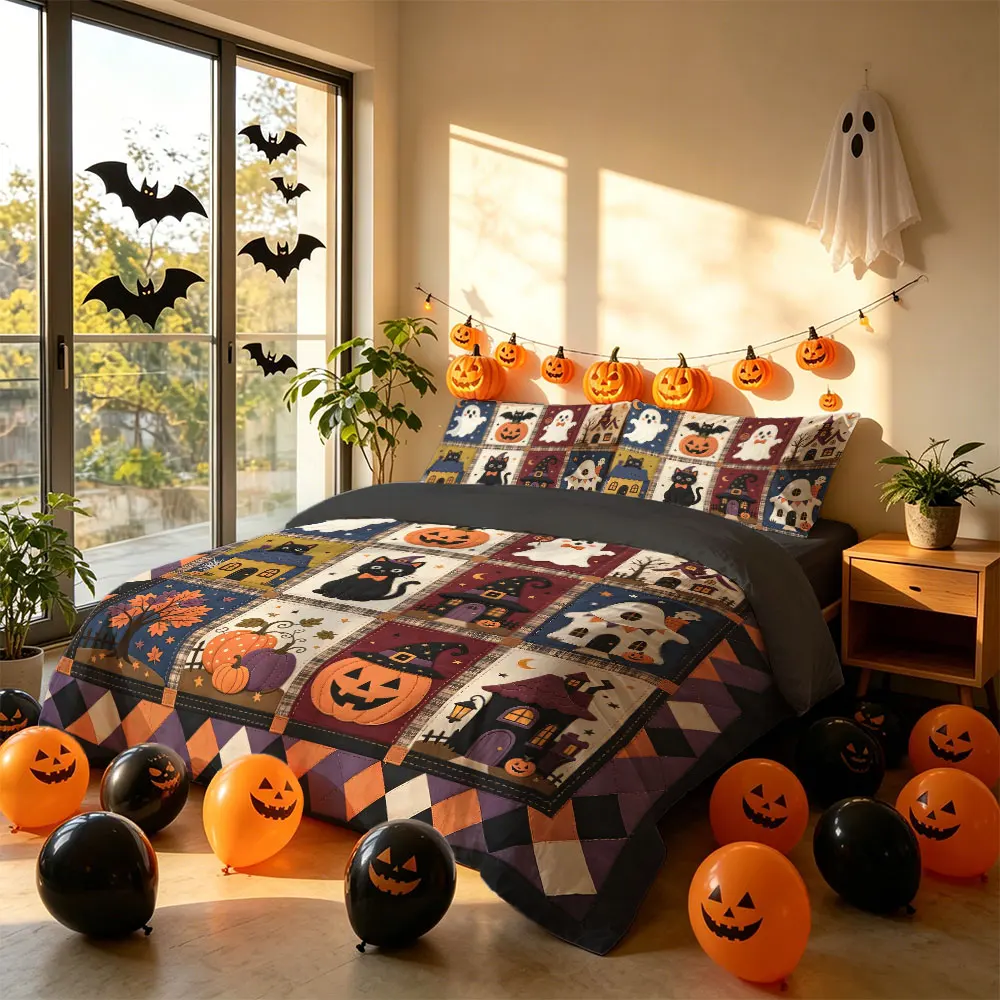 3PC  Patchwork Style Halloween Cartoon Cat Duvet Cover Set Coreless1 Duvet Cover 2 Pillowcase Bedroom Bedding Decoration - view 3
